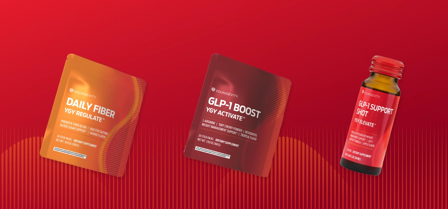 Youngevity GLP 30-Day System — YGY Regulate Daily Fiber, YGY Activate GLP-1 Boost, and YGY Elevate GLP-1 Support Shot